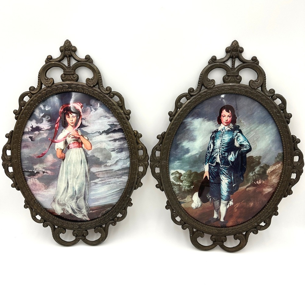 Vtg Italian Blue Boy & Pinkie Bubble Glass Ornate Metal Wall Plaques Pair 17.5"